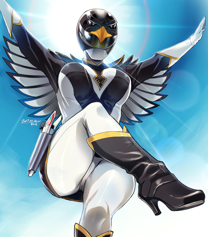 1girl, arms_up, black_condor, boots, breasts, choujin_sentai_jetman, dated, genderswap
