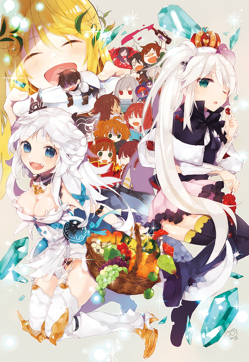 1boy, 6+girls, :d, :o, ahoge, aigis_(sennen_sensou_aigis), anya_(sennen_sensou_aigis), aqua_eyes