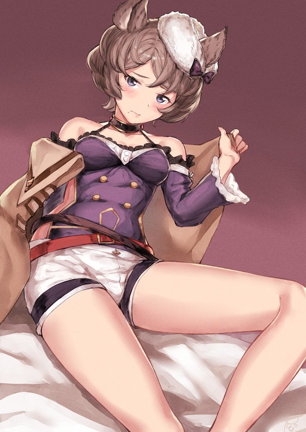 1girl, animal_ears, bare_shoulders, blue_eyes, blush, brown_hair, choker, coat