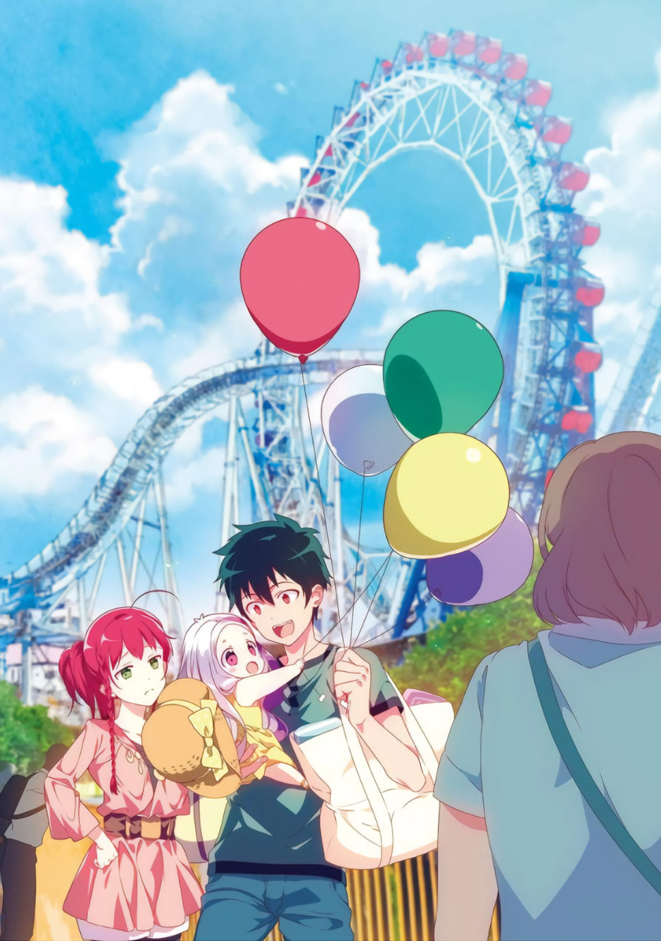 2girls, 3boys, ahoge, akio_hiiragi, arras_ramus, baby, balloon, black_hair