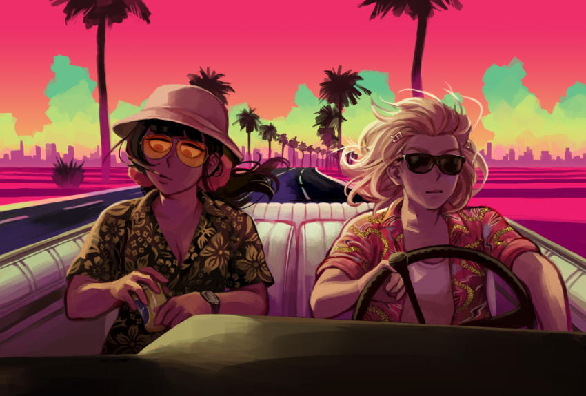 2girls, akamatsu_kaede, alternate_costume, ballooncar, beamed_semiquavers, beer_can, black_hair, blonde_hair, bucket_hat, can, car, cigarette, convertible, cosplay, dangan_ronpa, driving, fear_and_loathing_in_las_vegas, ground_vehicle, harukawa_maki, hat, hawaiian_shirt, hunter_s_thompson, hunter_s_thompson_(cosplay), looking_down, motor_vehicle, multiple_girls, musical_note, musical_note_hair_ornament, new_dangan_ronpa_v3, palm_tree, parody, raoul_duke, raoul_duke_(cosplay), scrunchie, shirt, smoking, sunglasses, sunset, tied_hair, tree, twintails, vehicle, watch