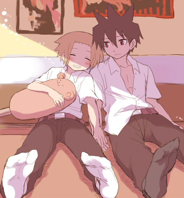 1girl, 2boys, alba_(senyuu), alternate_costume, bed, black_hair, brown_hair, doll_hug, hand_holding, kumacchi_(senyuu), looking_at_another, multiple_boys, open_clothes, open_shirt, red_eyes, ross_(senyuu), ruki_(senyuu), school_uniform, shakeko_(shake5), shirt, sleeping, smile, yaoi