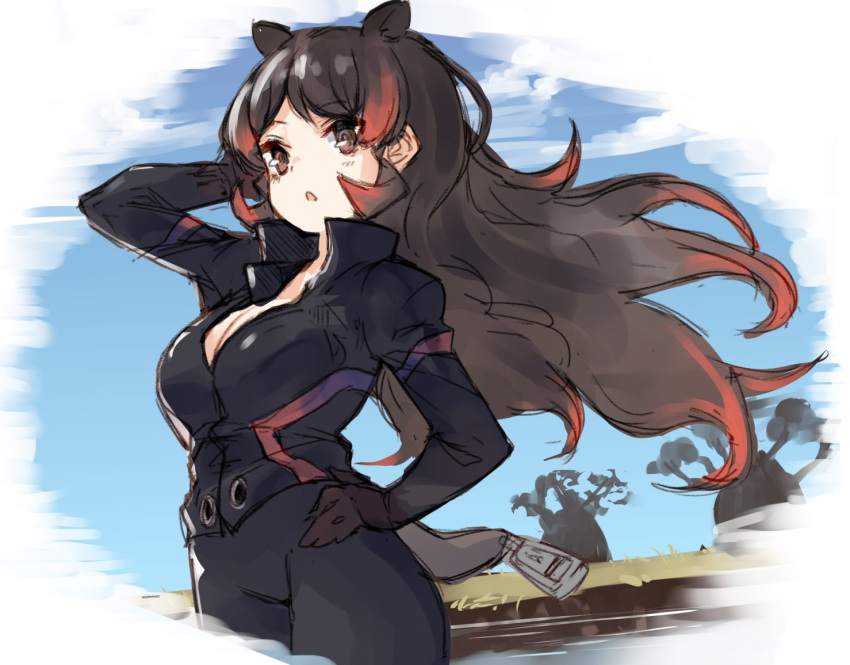 1girl, :o, animal_ears, arm_up, baobab, black_legwear, black_shirt, blue_sky