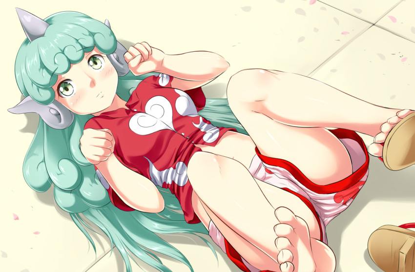 1girl, aqua_hair, bangs, bare_arms, bare_legs, barefoot, blush, breasts, buttons, cherry_blossoms, closed_mouth, cloud_print, collared_shirt, crop_top, curly_hair, dutch_angle, eyebrows_visible_through_hair, eyelashes, feet, geta, green_eyes, heart, horn, komano_aunn, legs_apart, legs_up, lips, long_hair, looking_away, looking_up, lying, medium_breasts, navel, on_back, outdoors, paw_print, petals, red_shirt, shirt, shoes_removed, shorts, single_shoe, soles, solo, tareme, taut_clothes, taut_shirt, toenails, toes, touhou, very_long_hair, white_shorts, yomitrooper
