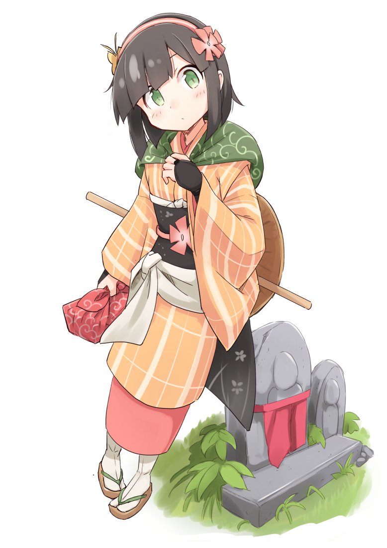 1girl, bag, bangs, black_hair, blush, bridal_gauntlets, expressionless, flower