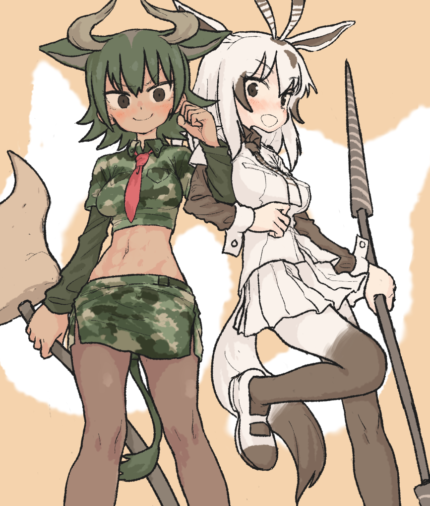 >:), 2girls, :d, animal_ears, arabian_oryx_(kemono_friends), arm_at_side, aurochs_(kemono_friends), black_hair