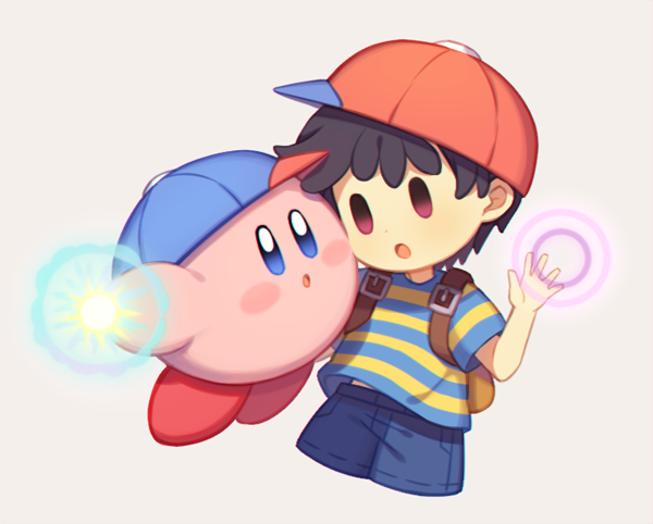 1boy, 1other, ape_(company), black_hair, blue_eyes, child, hal_laboratory_inc., hat