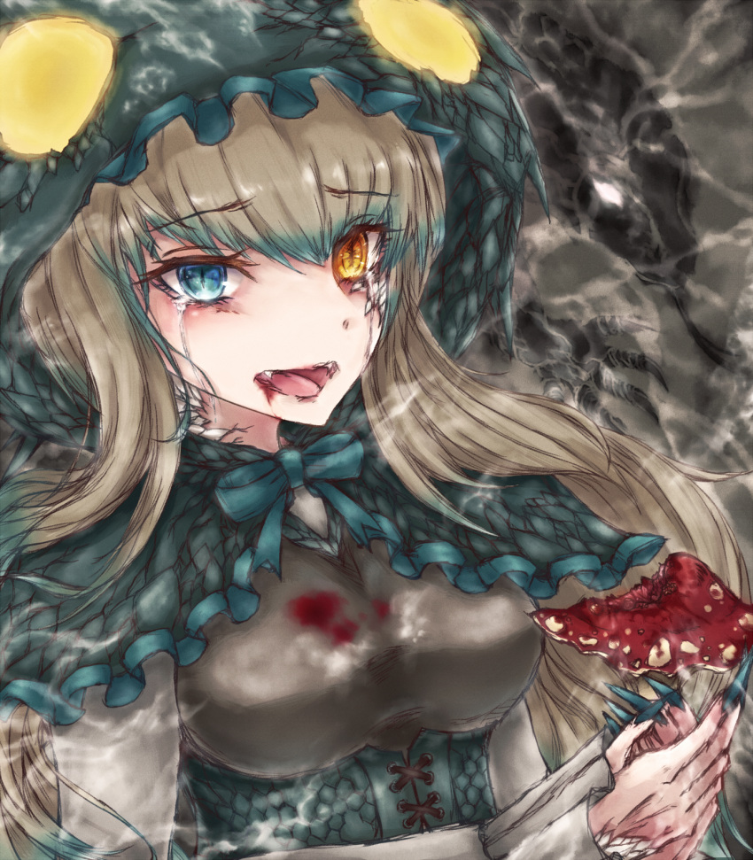 blood, commentary_request, fangs, fingernails, heterochromia, highres, hood, kemono_friends