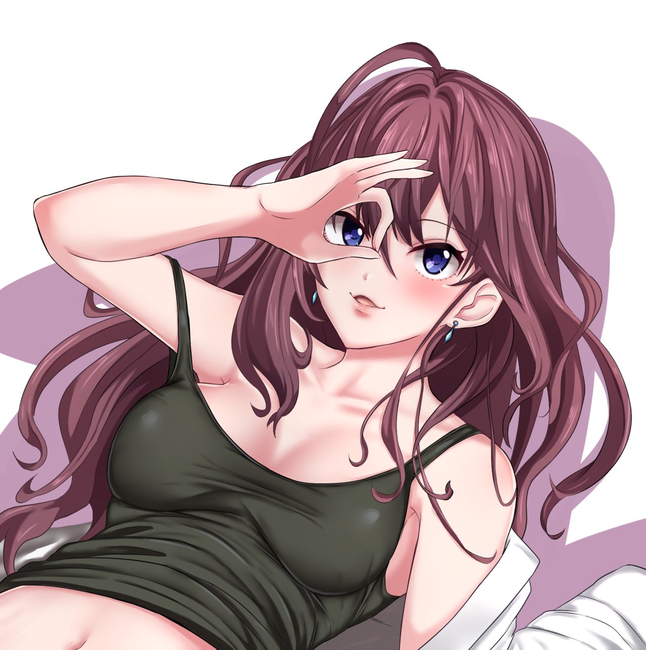 1girl, :3, blue_eyes, breasts, brown_hair, cleavage, demio, eyebrows_visible_through_hair