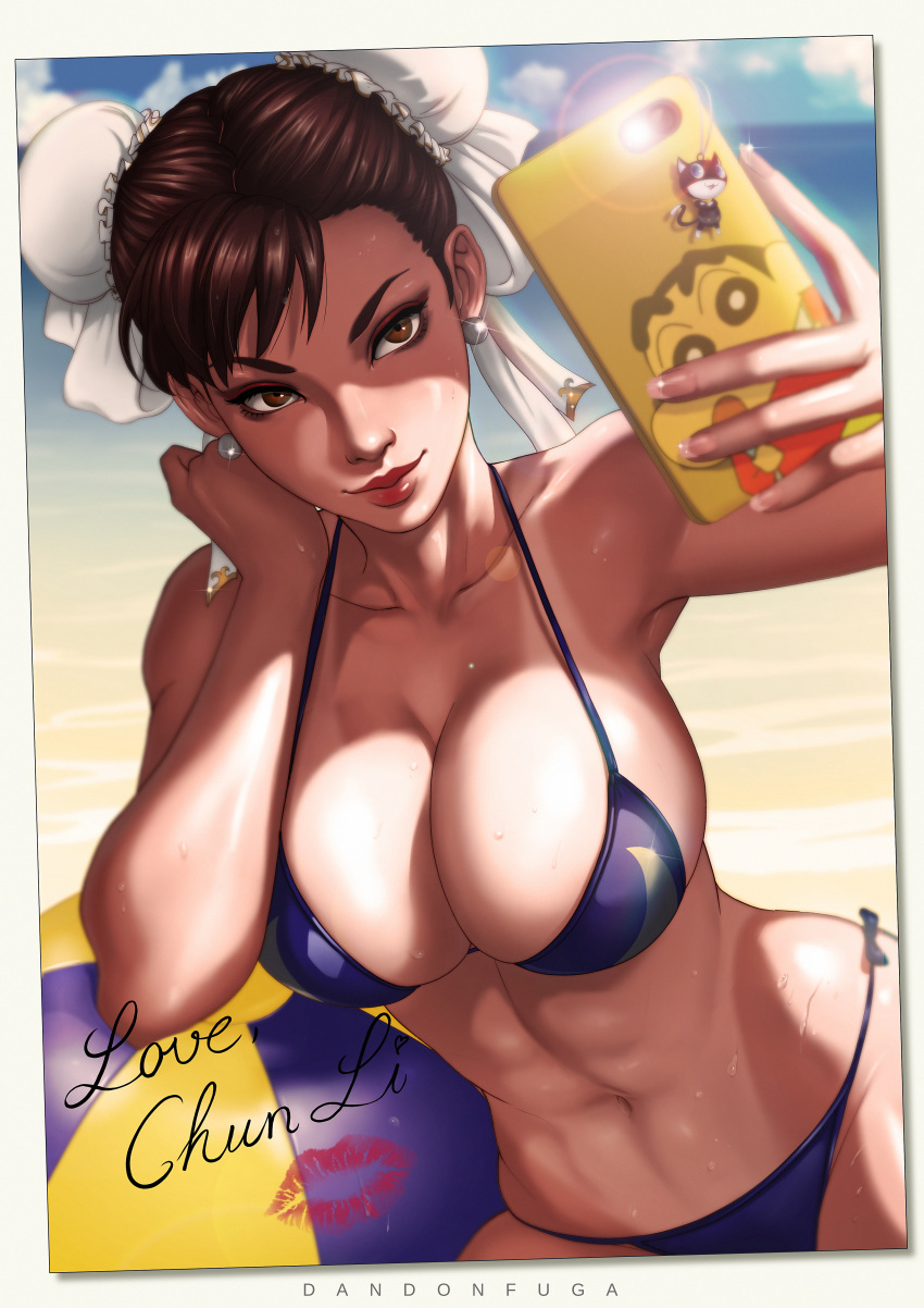 1girl, abs, absurdres, artist_name, atlus, bangs, bare_shoulders, beach, beachball, bikini, blue_bikini, blue_sky, breasts, brown_eyes, brown_hair, bun_cover, cameo, capcom, cellphone, cellphone_charm, character_keychain, character_name, character_print, chun-li, cleavage, clouds, cloudy_sky, collarbone, crayon_shin-chan, dandon_fuga, day, double_bun, earrings, erect_nipples, eyelashes, eyeliner, eyeshadow, fingernails, futabasha, glint, groin, hand_on_own_cheek, hand_on_own_face, hands_up, highres, holding, holding_cellphone, holding_phone, jewelry, large_breasts, leaning_to_the_side, lens_flare, light_smile, lips, lipstick_mark, long_fingernails, makeup, mascara, megami_tensei, midriff, morgana_(persona_5), muscle, navel, nohara_shinnosuke, nose, ocean, one-piece_tan, outdoors, patreon_reward, persona, persona_5, phone, pink_lips, sega, self_shot, shin-chan, shin-ei_animation, short_hair, side-tie_bikini, sitting, sky, smartphone, stomach, strap_gap, street_fighter, string_bikini, sweat, swimsuit, taking_picture, tan, tanline, toned, water
