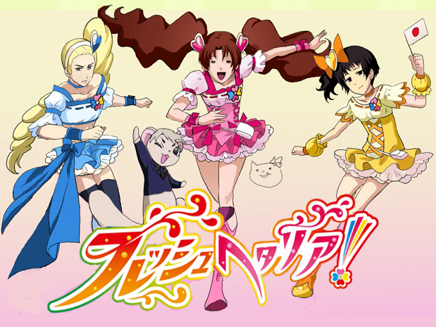 3boys, axis_powers_hetalia, cosplay, cure_berry, cure_berry_(cosplay), cure_peach, cure_peach_(cosplay), cure_pine