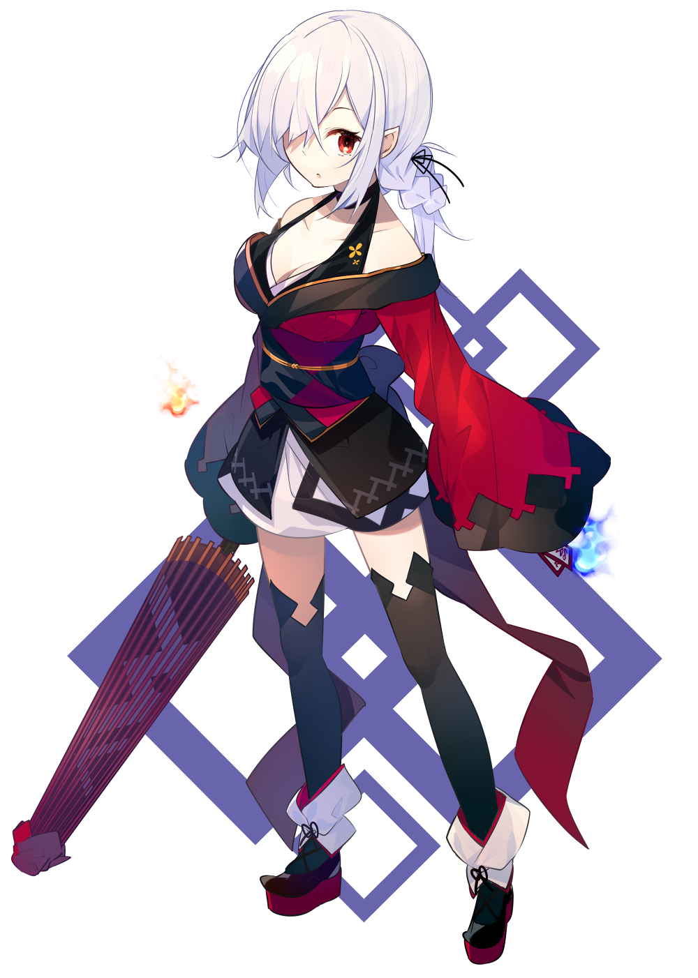 1girl, bangs, black_kimono, black_legwear, blue_fire, boots, breasts, closed_umbrella