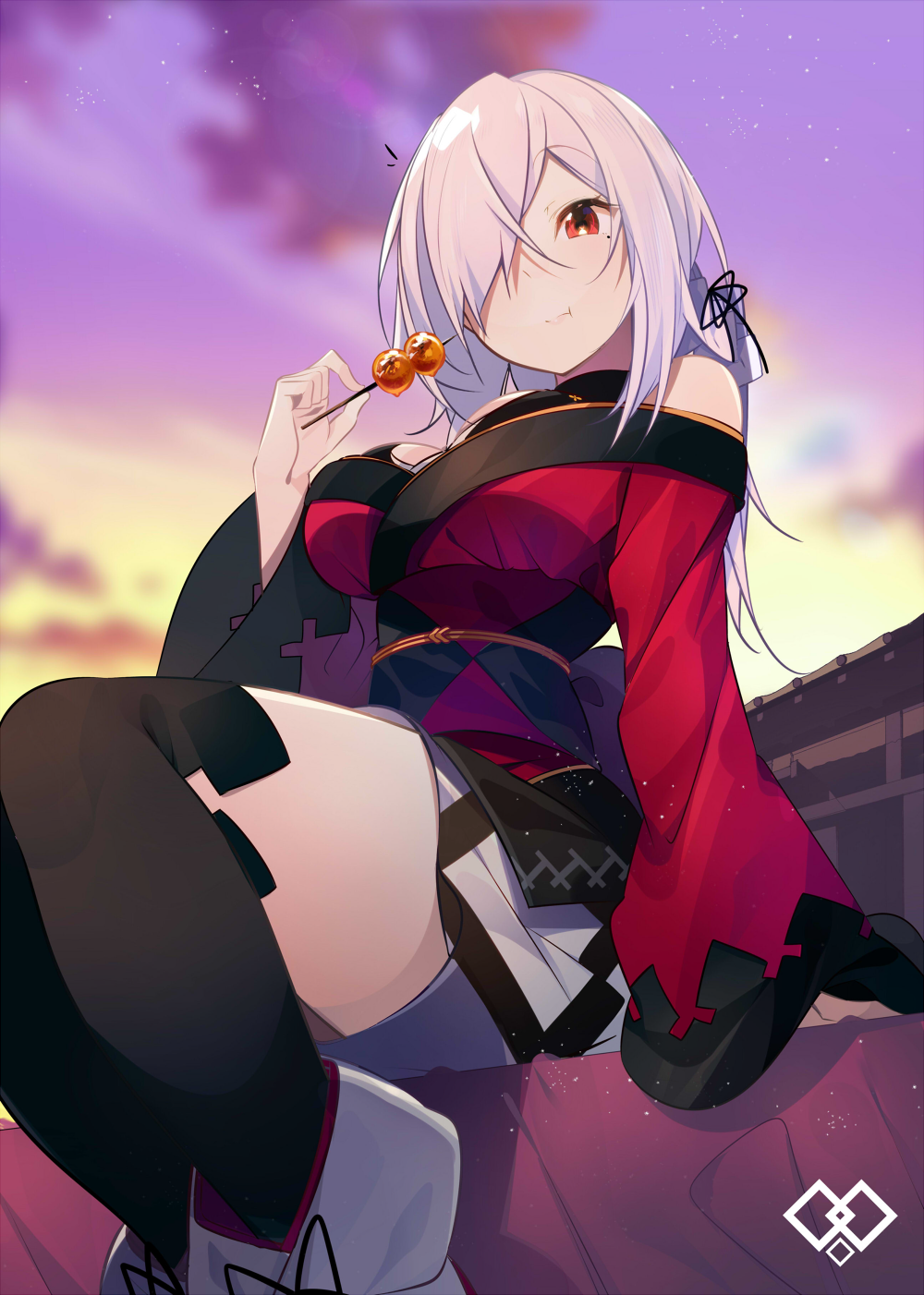 1girl, :t, bangs, black_kimono, black_legwear, black_ribbon, boots, breasts, closed_mouth, dango, doumeki-chan_(nmaaaaa), eating, eyebrows_visible_through_hair, food, hair_over_one_eye, hair_ribbon, hand_up, highres, holding, holding_food, japanese_clothes, kimono, large_breasts, legs_together, long_hair, looking_at_viewer, mole, mole_under_eye, multicolored, multicolored_clothes, multicolored_kimono, nmaaaaa, obi, original, outdoors, red_eyes, red_kimono, ribbon, sash, silver_hair, sitting, solo, thigh-highs, thighs, wagashi, white_hair