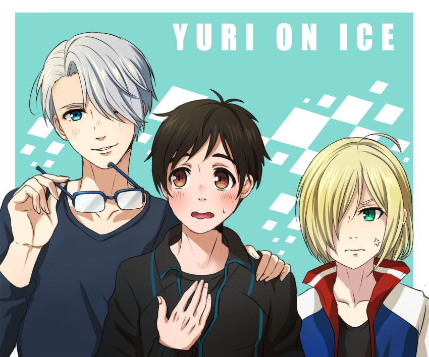 3boys, anger_vein, black_hair, blonde_hair, blue-framed_eyewear, blue_eyes, blush, brown_eyes