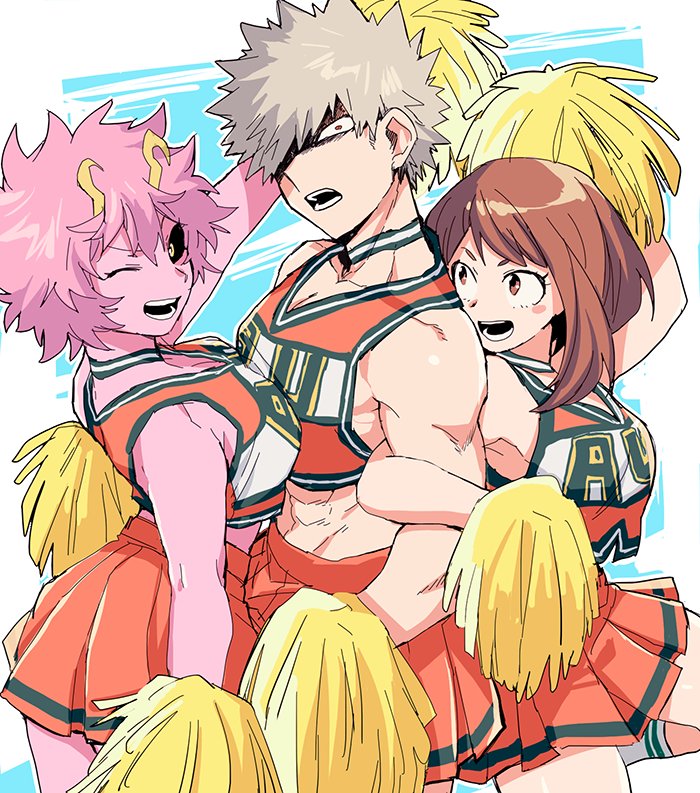1boy, 2girls, abaraya, abs, alternate_costume, antennae, ashido_mina, bakugou_katsuki, bare_shoulders, black_sclera, blush, boku_no_hero_academia, breasts, brown_hair, cheerleader, choker, cleavage, crossdressinging, holding_arm, looking_at_viewer, midriff, multiple_girls, muscle, navel, one_eye_closed, open_mouth, pink_hair, pink_skin, pleated_skirt, pom_poms, red_eyes, skirt, sleeveless, smile, spiky_hair, teeth, uraraka_ochako, yellow_eyes