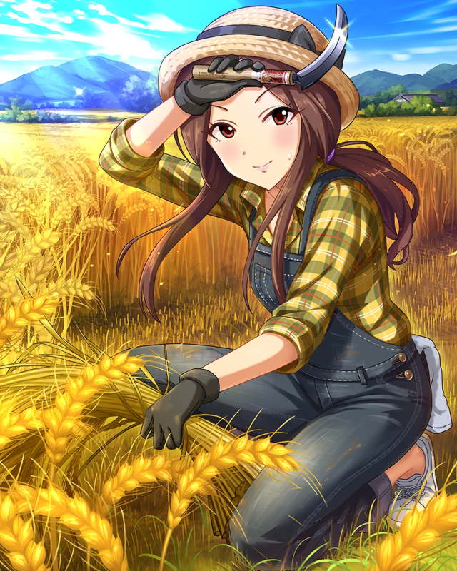 1girl, artist_request, blue_sky, blush, brown_hair, crops, dirty_clothes, gloves