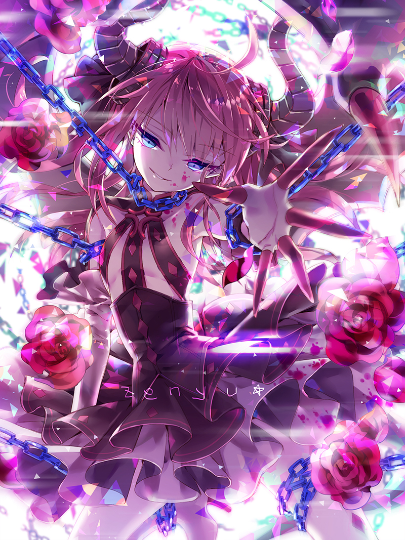 1girl, ahoge, artist_name, asymmetrical_horns, binding, blood, blood_on_face, blue_eyes