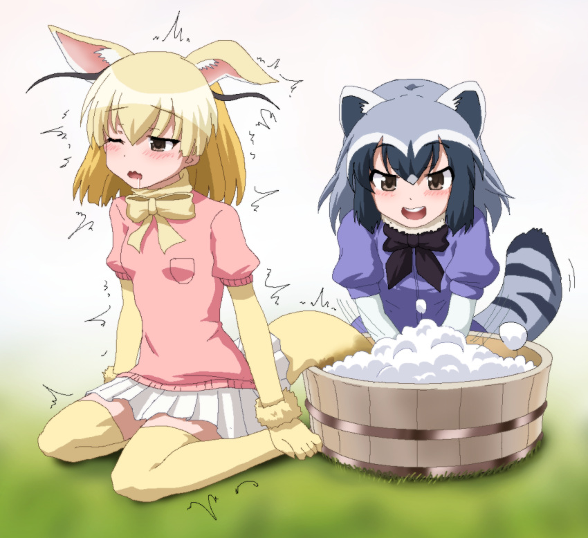 2girls, animal_ears, black_hair, blonde_hair, blush, bow, bowtie, brown_eyes