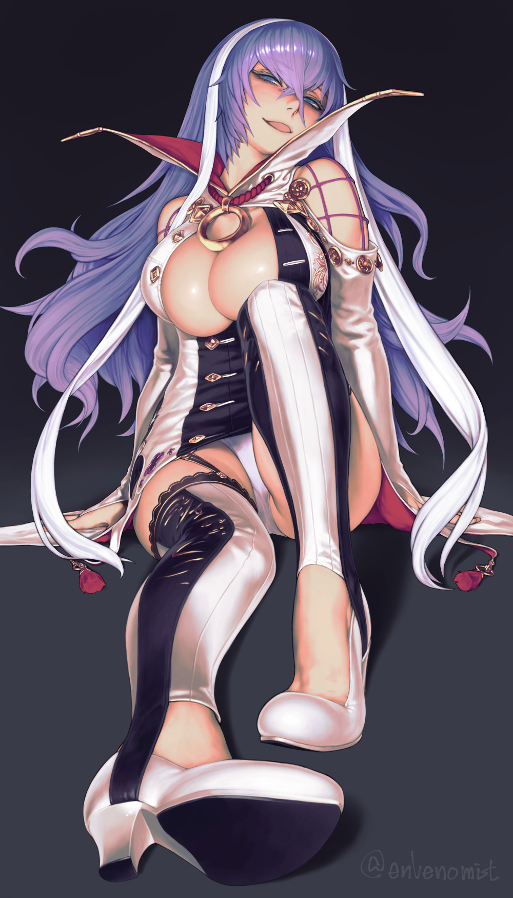 1girl, black_background, blue_eyes, breasts, bridal_gauntlets, cleavage, dress, full_body