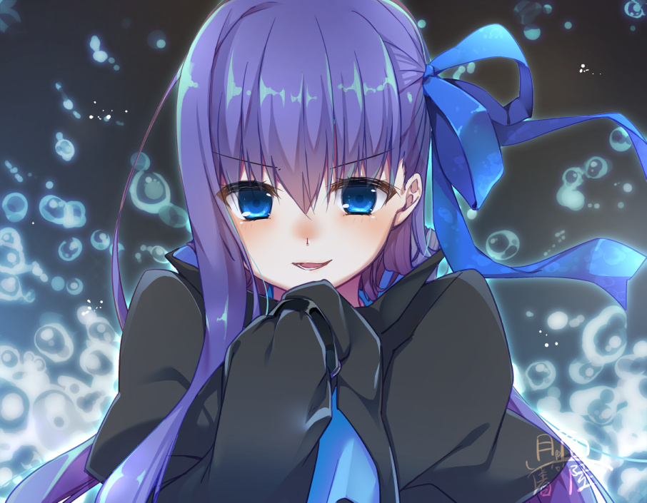 1girl, :d, black_coat, blue_eyes, blush, bubble, commentary_request, eyebrows_visible_through_hair