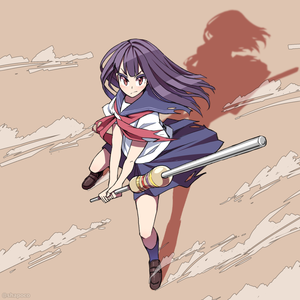 1girl, artist_name, bangs, black_legwear, blue_skirt, brown_shoes, closed_mouth, commentary_request