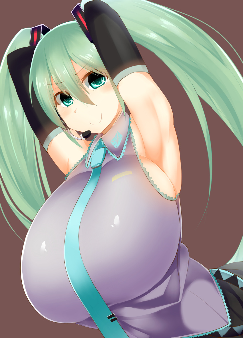 1girl, absurdres, aqua_eyes, aqua_hair, armpits, arms_up, breasts, brown_background