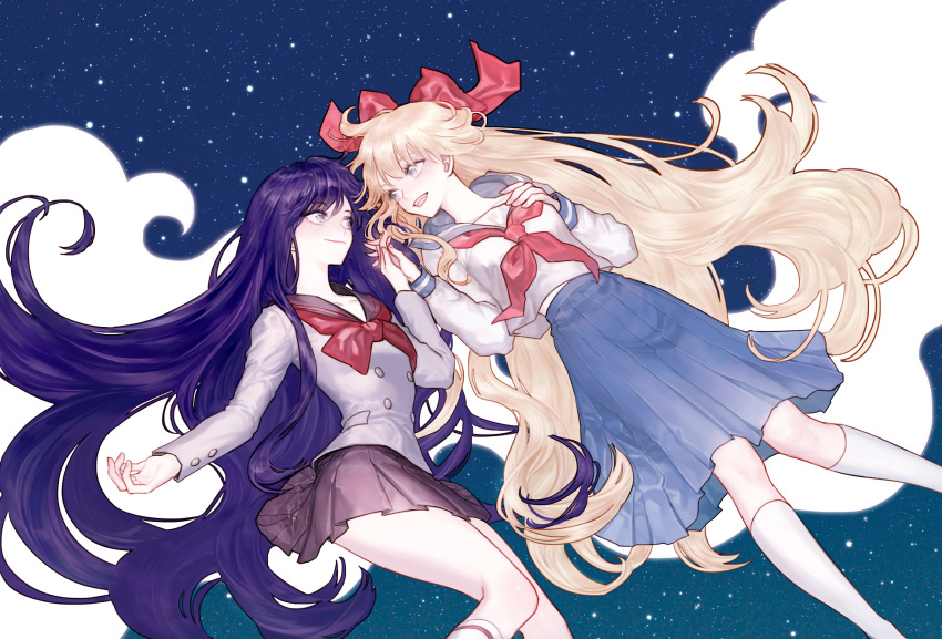 2girls, aino_minako, bishoujo_senshi_sailor_moon, blonde_hair, blue_skirt, bonchocola, bow, closed_mouth, hair_bow, hand_holding, highres, hino_rei, interlocked_fingers, kneehighs, long_hair, looking_at_another, lying, miniskirt, multiple_girls, open_mouth, pleated_skirt, purple_hair, red_bow, school_uniform, serafuku, skirt, smile, very_long_hair, white_legwear, yuri