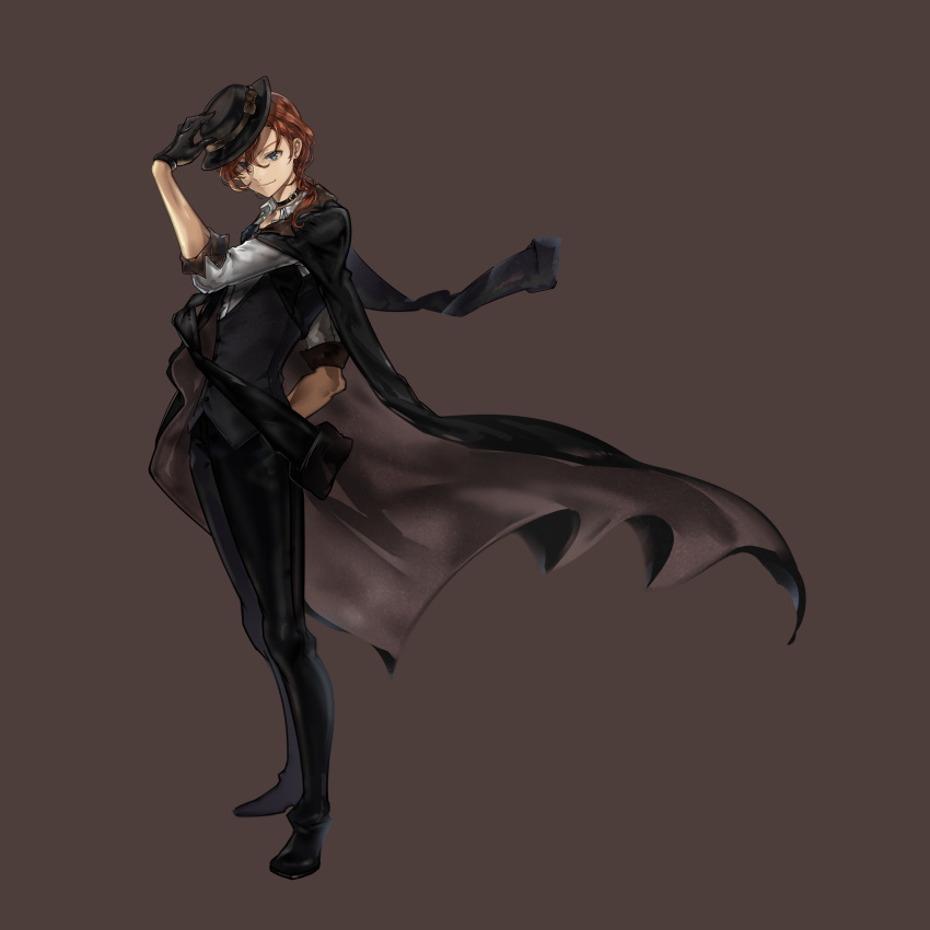 1boy, 96dgd, absurdres, black_gloves, blue_eyes, brown_background, brown_hair, bungou_stray_dogs