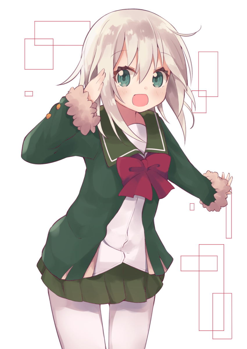 1girl, :d, blonde_hair, eyebrows_visible_through_hair, green_eyes, green_jacket, green_skirt, hair_between_eyes