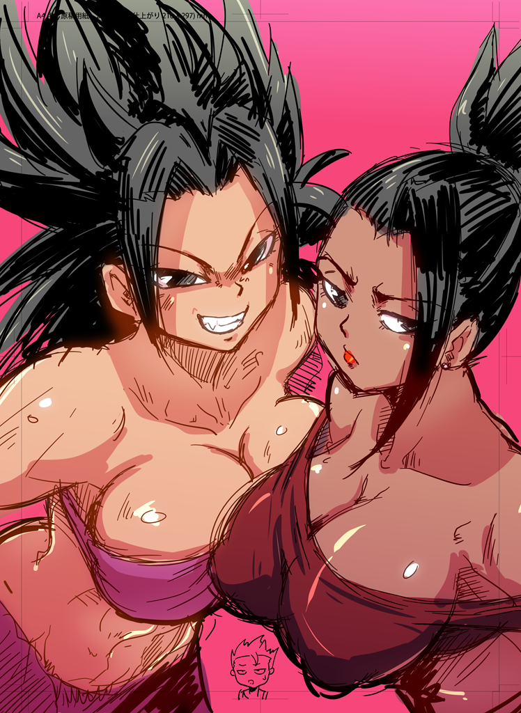 1boy, 2girls, bare_shoulders, black_eyes, black_hair, breasts, cabba, caulifla, chibi, cleavage, dark_skin, dragon_ball, dragon_ball_super, female, kale_(dragon_ball), large_breasts, looking_at_viewer, midriff, multiple_girls, muscle, navel, pants, rickert_kai, shiny_skin, sketch, spiky_hair