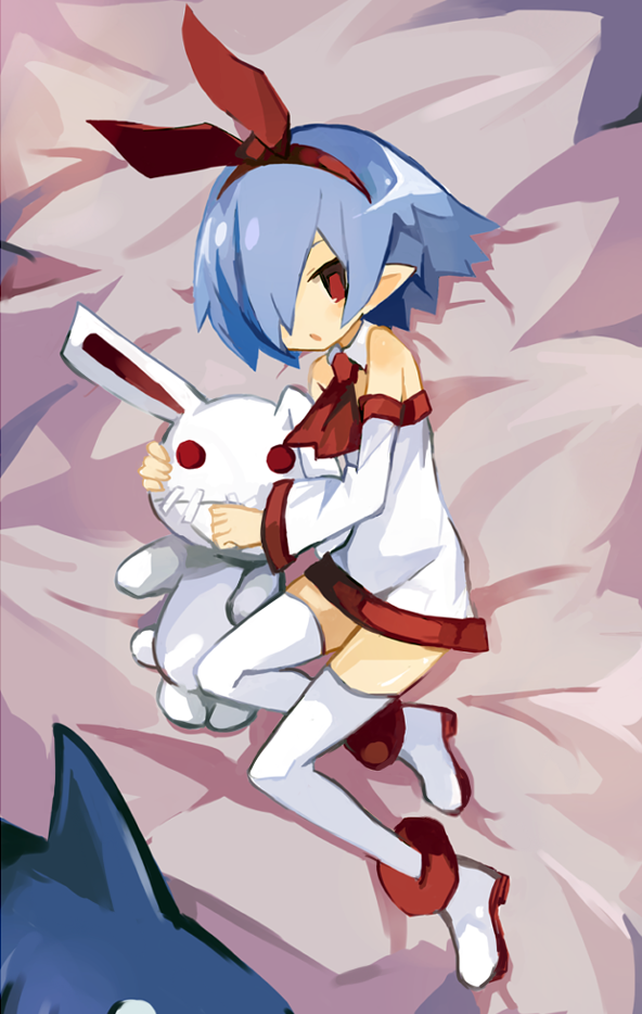 1girl, bed_sheet, blue_hair, bow, crestquest, detached_collar, detached_sleeves, disgaea