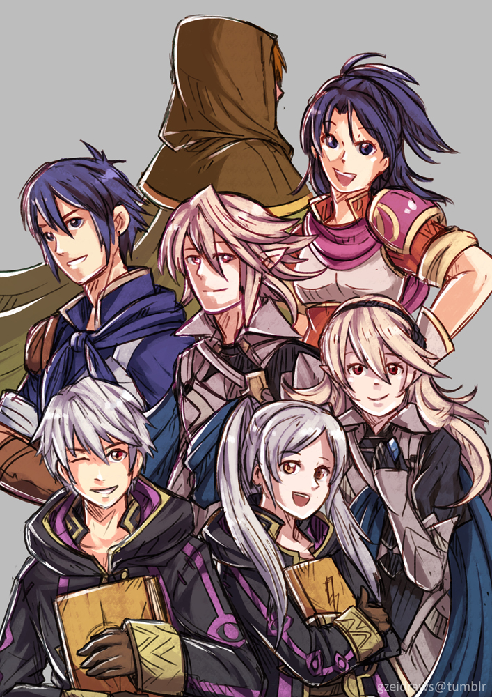3girls, 4boys, armor, blue_eyes, blue_hair, brother_and_sister, cape, cloak, female_my_unit_(fire_emblem:_kakusei), female_my_unit_(fire_emblem:_shin_monshou_no_nazo), female_my_unit_(fire_emblem_if), fire_emblem, fire_emblem:_kakusei, fire_emblem:_rekka_no_ken, fire_emblem_heroes, fire_emblem_if, genderswap, grin, gzei, intelligent_systems, kamui_(fire_emblem), kris_(fire_emblem), kris_(fire_emblem)_(female), kris_(fire_emblem)_(male), laughing, light_smile, looking_at_viewer, male_my_unit_(fire_emblem:_kakusei), male_my_unit_(fire_emblem:_shin_monshou_no_nazo), male_my_unit_(fire_emblem_if), multiple_boys, my_unit_(fire_emblem:_kakusei), my_unit_(fire_emblem:_shin_monshou_no_nazo), my_unit_(fire_emblem_if), nintendo, parted_lips, pointy_ears, red_eyes, reflet, siblings, silver_hair, smile, smirk, super_smash_bros., tactician_(fire_emblem), teeth
