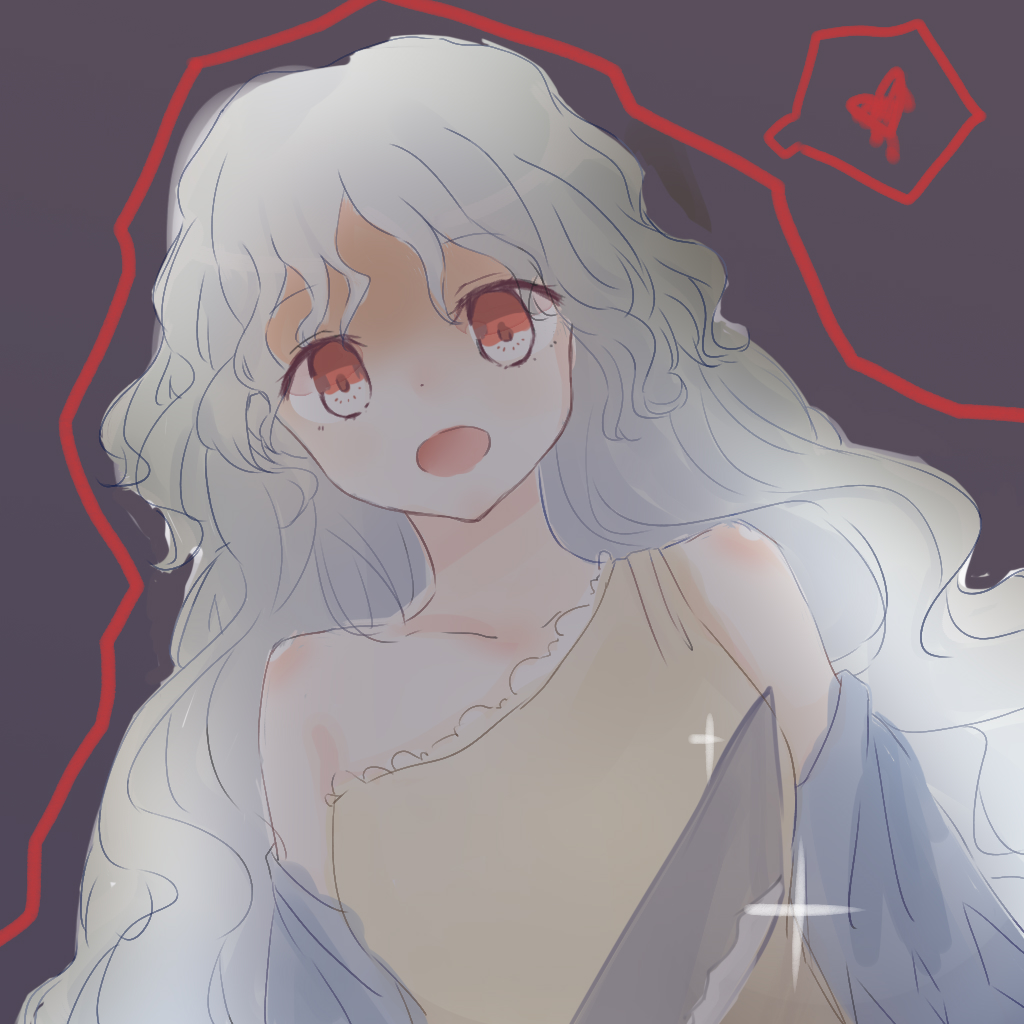 1girl, :o, axes, bangs, bare_shoulders, breasts, cleaver, collarbone, detached_sleeves, dress, dutch_angle, empty_eyes, eyebrows_visible_through_hair, eyes_visible_through_hair, facing_viewer, frilled_dress, frills, heart, holding, holding_weapon, long_hair, long_sleeves, looking_at_viewer, medium_breasts, open_mouth, purple_background, red_eyes, sakata_nemuno, solo, sparkle, speech_bubble, spoken_heart, tareme, touhou, upper_body, very_long_hair, weapon, white_hair