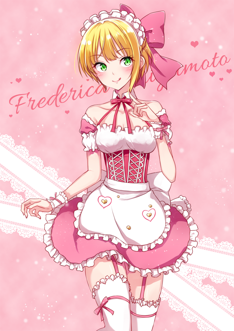 1girl, :q, alternate_costume, apron, bangs, bare_shoulders, blonde_hair, blush