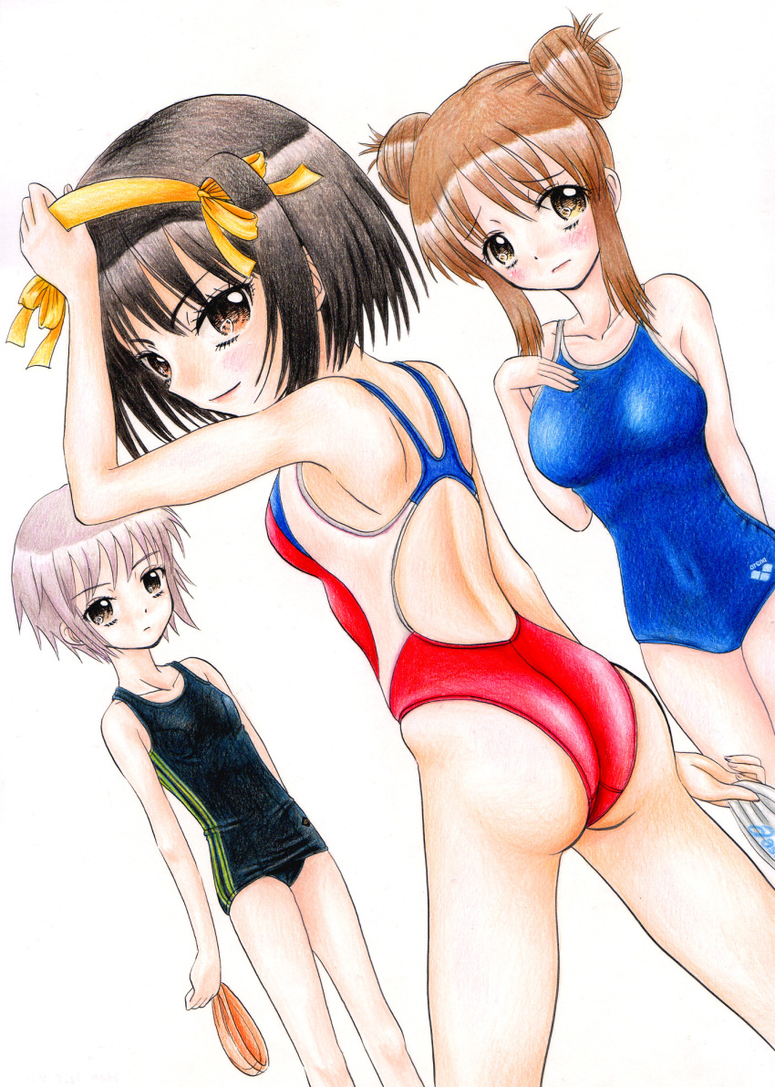 ass, competition_swimsuit, dutch_angle, hairband, hidaka_medaka, highres, nagato_yuki, one-piece_swimsuit