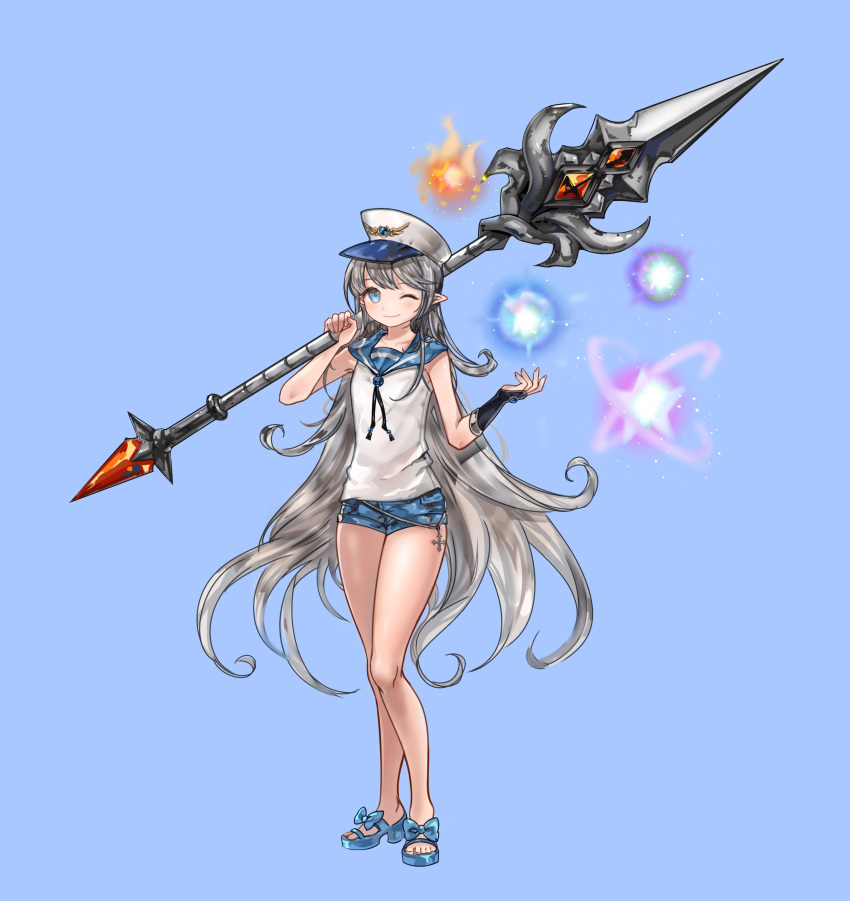1girl, 96dgd, ;), absurdres, blue_background, blue_eyes, dungeon_and_fighter, full_body