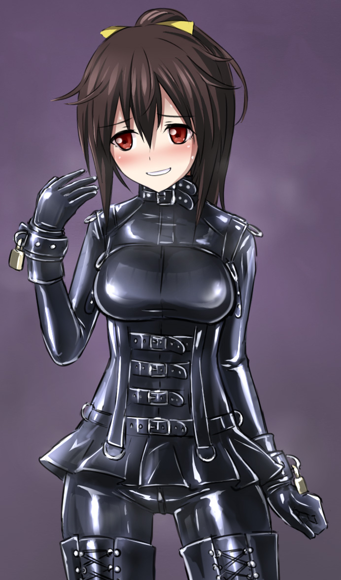 1girl, belt, blush, bodysuit, boots, brown_eyes, brown_hair, collar