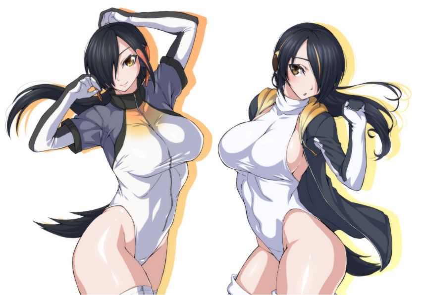 2girls, :o, arms_up, bird_tail, black_hair, black_jacket, breasts, brown_eyes