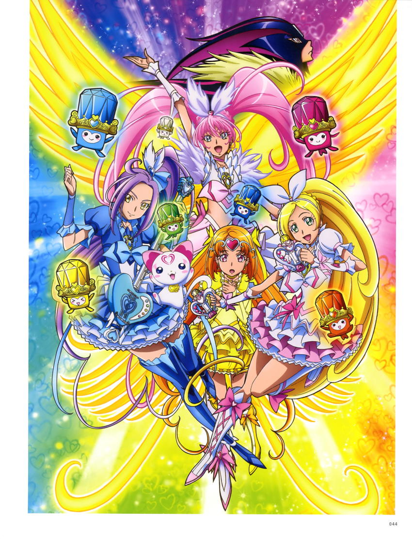 5girls, :d, absurdly_long_hair, absurdres, arm_up, blonde_hair, blue_boots, blue_dress