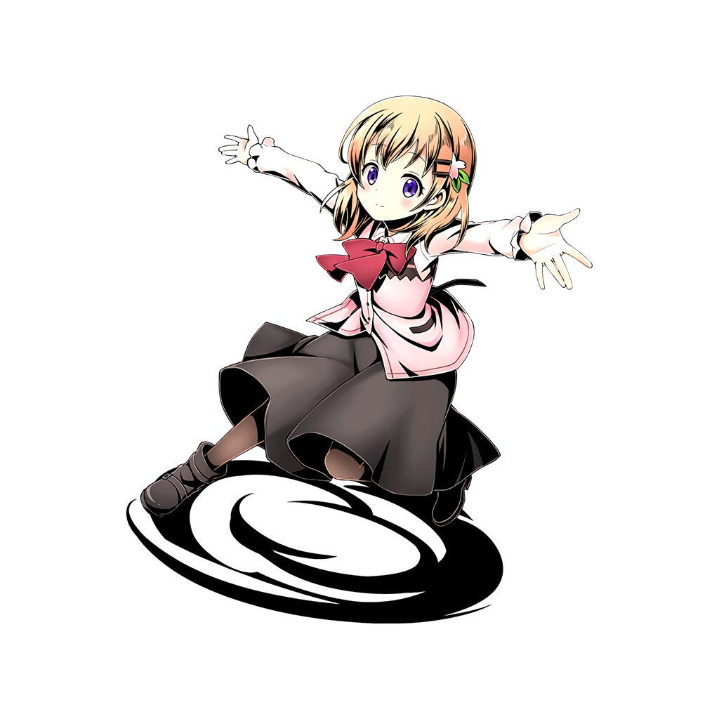 1girl, black_skirt, blonde_hair, blush, bow, bowtie, divine_gate, eyebrows_visible_through_hair, full_body, gochuumon_wa_usagi_desu_ka?, hair_ornament, hoto_cocoa, long_skirt, looking_at_viewer, outstretched_arms, purplee_eyes, red_bow, red_bowtie, shadow, shirt, short_hair, skirt, smile, solo, transparent_background, uccm, white_shirt