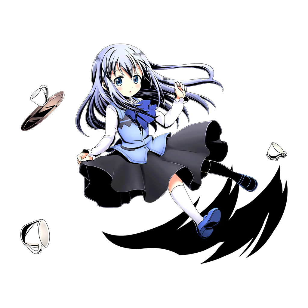 1girl, black_skirt, blue_bow, blue_bowtie, blue_eyes, blue_hair, bow, bowtie, coffee_cup, divine_gate, floating_hair, full_body, gochuumon_wa_usagi_desu_ka?, hair_bow, hair_ornament, kafuu_chino, kneehighs, long_hair, long_skirt, looking_at_viewer, parted_lips, shadow, shirt, skirt, skirt_hold, solo, transparent_background, uccm, very_long_hair, white_legwear, white_shirt