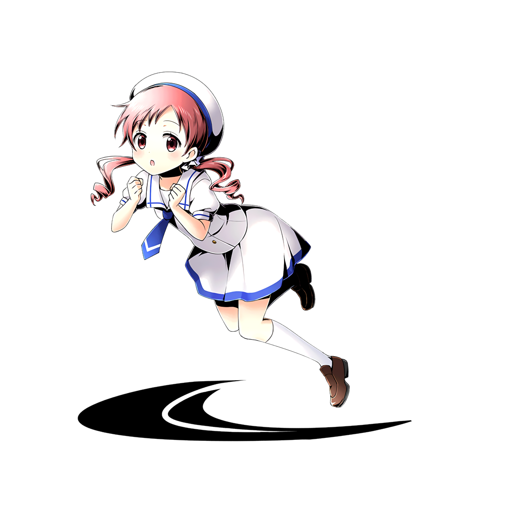 1girl, blue_necktie, divine_gate, full_body, gochuumon_wa_usagi_desu_ka?, hat, kneehighs, long_hair, natsu_megumi, necktie, open_mouth, red_eyes, redhead, school_uniform, serafuku, shadow, shirt, short_sleeves, skirt, solo, transparent_background, twin_drill, uccm, white_background, white_hat, white_shirt, white_skirt