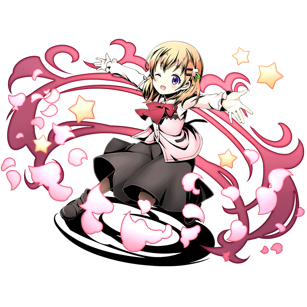 1girl, ;d, black_skirt, blonde_hair, blush, bow, bowtie, divine_gate, eyebrows_visible_through_hair, full_body, gochuumon_wa_usagi_desu_ka?, hair_ornament, hoto_cocoa, long_skirt, looking_at_viewer, one_eye_closed, open_mouth, outstretched_arms, purplee_eyes, red_bow, red_bowtie, shadow, shirt, short_hair, skirt, smile, solo, transparent_background, uccm, white_shirt
