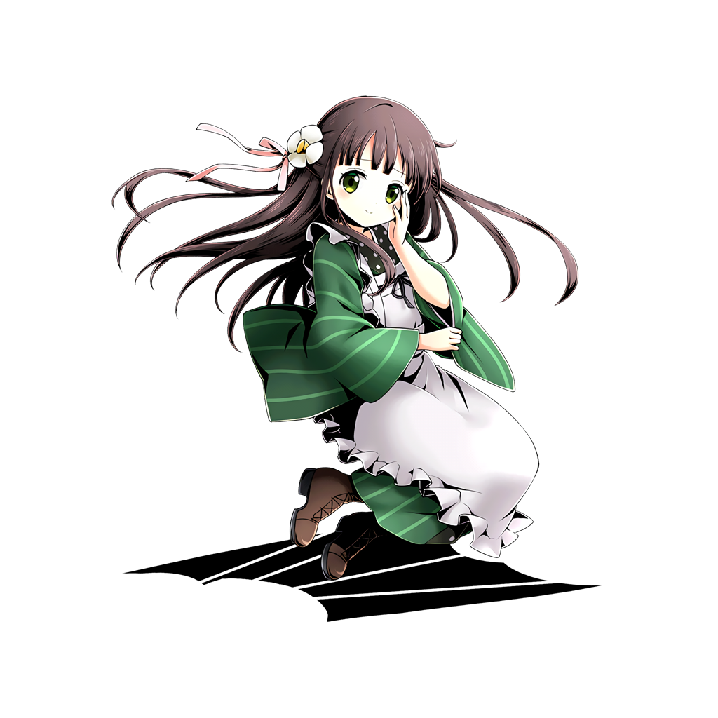 1girl, apron, black_ribbon, boots, brown_boots, brown_hair, divine_gate, floating_hair