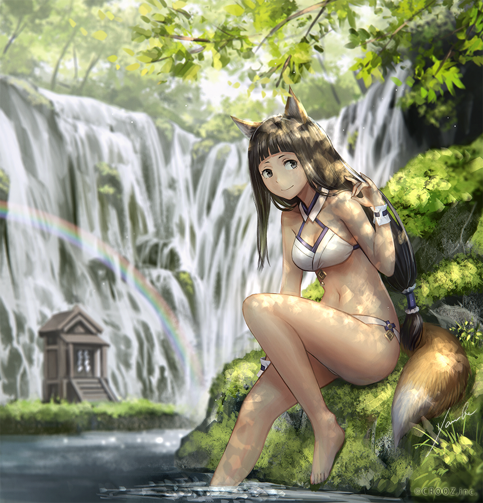 1girl, anbe_yoshirou, animal_ears, bandeau, bangs, bare_arms, bare_legs, bare_shoulders