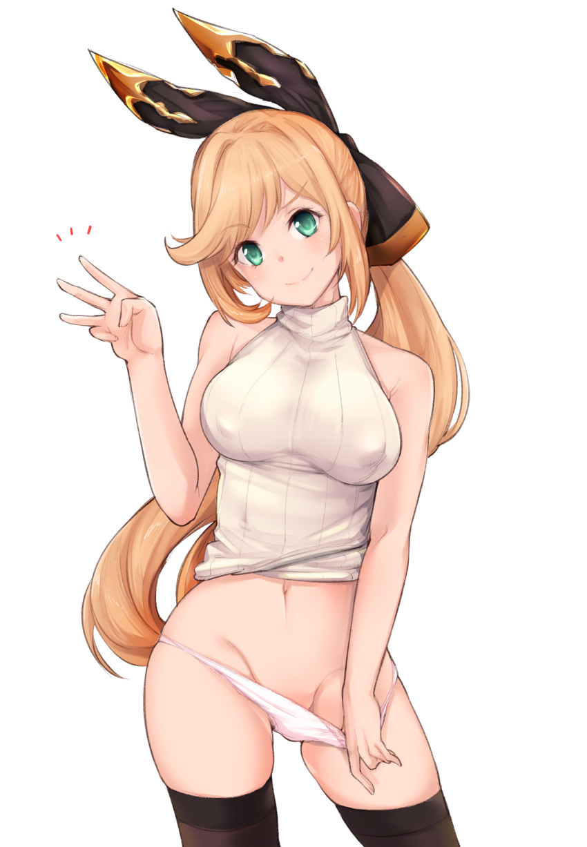 1girl, black_legwear, black_ribbon, bow, brown_hair, clarisse_(granblue_fantasy), contrapposto, cowboy_shot