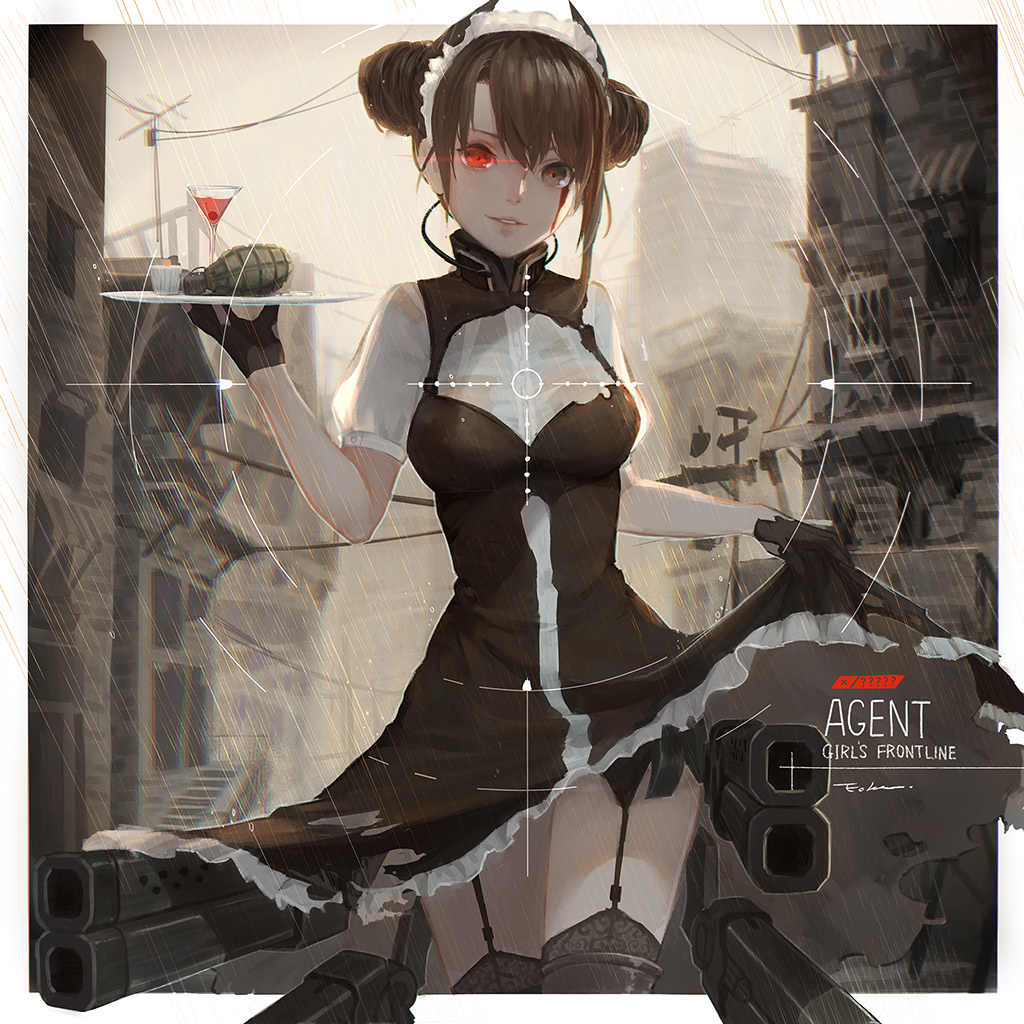 1girl, agent_(girls_frontline), black_hair, black_legwear, building, character_name, cityscape, copyright_name