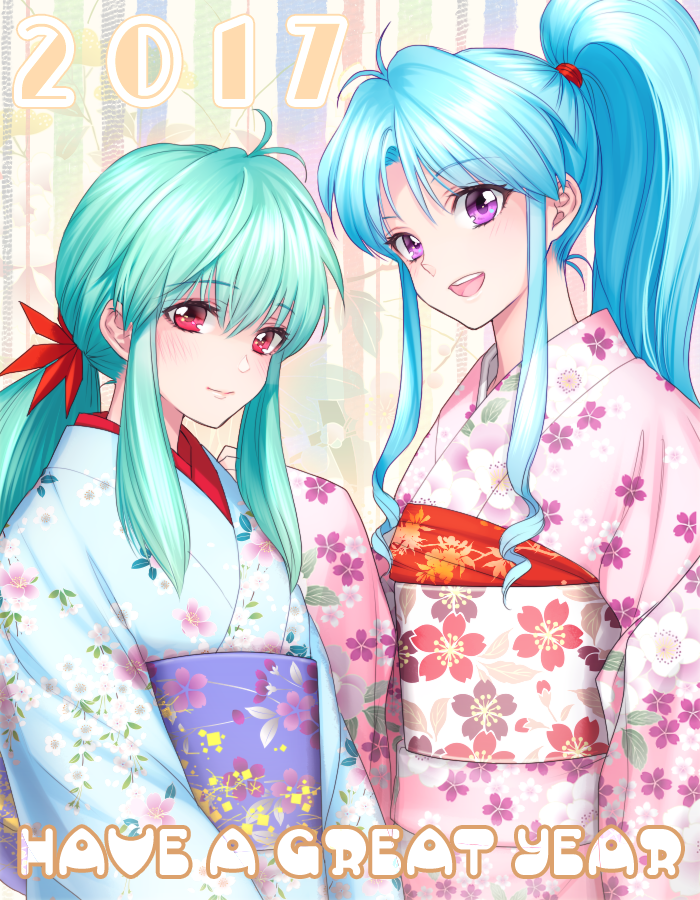 2017, 2girls, aqua_hair, blue_hair, blush, botan_(yuu_yuu_hakusho), chimachi, english