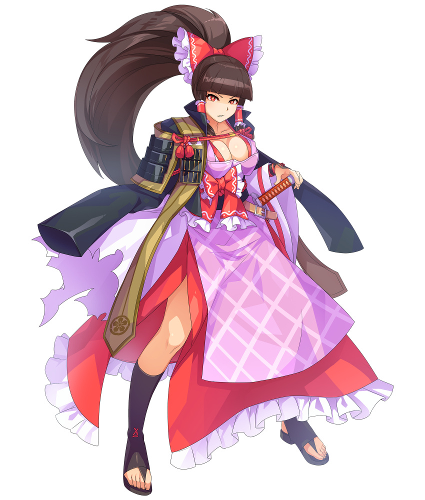 1girl, amputee, apron, baiken, baiken_(cosplay), bangs, belt, black_boots, blunt_bangs, boots, bow, breasts, brown_hair, cleavage, collarbone, commentary_request, cookie_(touhou), cosplay, eyebrows_visible_through_hair, full_body, guilty_gear, guilty_gear_xrd, hair_bow, hair_tubes, hakurei_reimu, highres, large_breasts, long_hair, looking_at_viewer, parted_lips, pink_apron, ponytail, red_bow, red_eyes, rurima_(cookie), sidelocks, solo, standing, sword, tarmo, torn_clothes, touhou, transparent_background, weapon