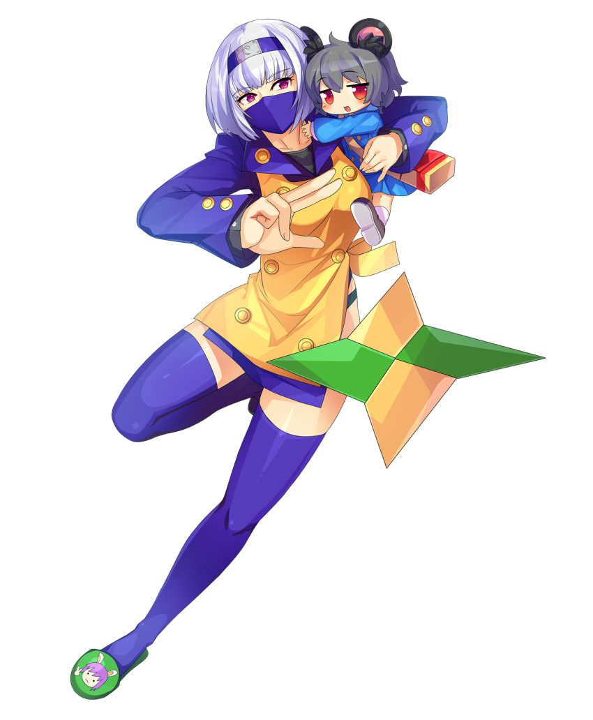 3girls, animal_ears, answer_(guilty_gear), apron, bag, balaclava, bangs, black_hair